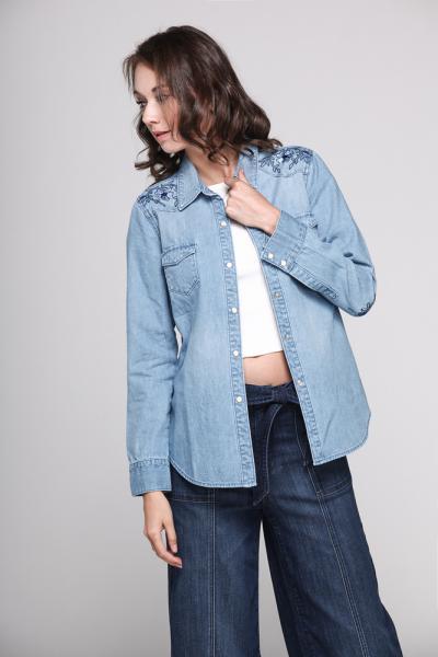 Jeans Women Denim Long Sleeve Shirt Slim Fit